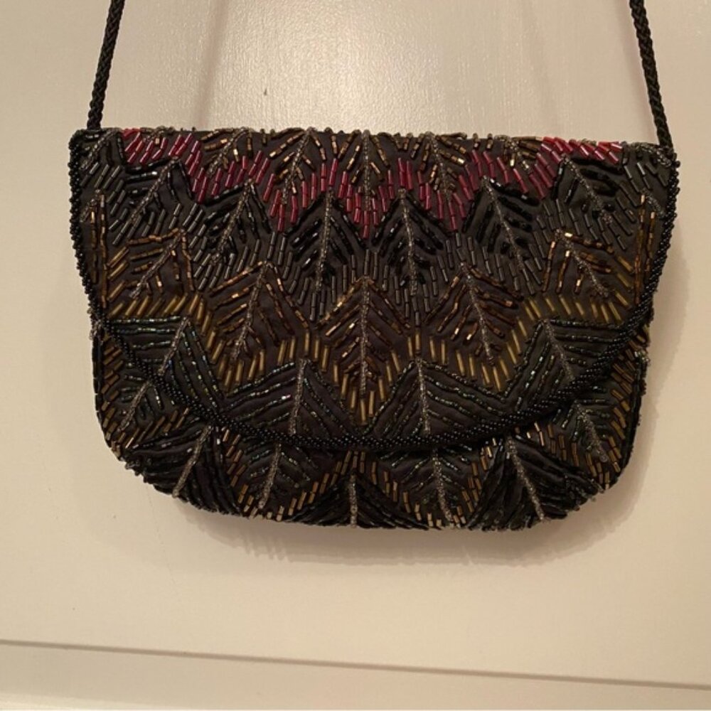 VINTAGE HANDMADE BAG CROSSBODY SHOULDER BEADED BLACK BROWN GOLD RED LONG STRAP
